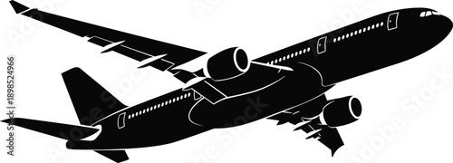 Airplane silhouette illustration, passenger jet aircraft, black and white vector design, aviation travel symbol, modern transportation graphic, CAD drawing flat vector illustration