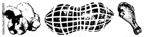 Stylized vector illustrations of food lumpy root vegetable, grid spherical item, chicken drumstick, all in halftone style, isolated on transparent background.