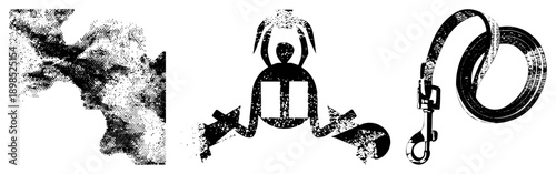 Black and white halftone abstract shapes, meditative human silhouette with flowing arms, coiled leash with metal clasp, vector graphic, isolated design elements.