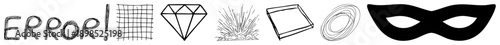 Set of stylized vector including “ERROR!” text, grid, diamond, explosion, box, spirals, and masquerade mask all in black, isolated on transparent background.