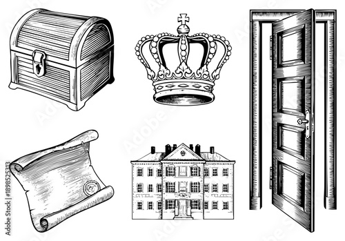 Classic treasure chest with lock, crown, rolled parchment scroll, mansion, open wooden door all in vintage engraved style. Symbols of wealth,, secrets, and entry.