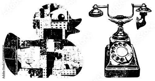Retro rotary telephone with handset and dial, rubber duck with cityscape design, distressed vector art, black and white illustration, nostalgic communication.