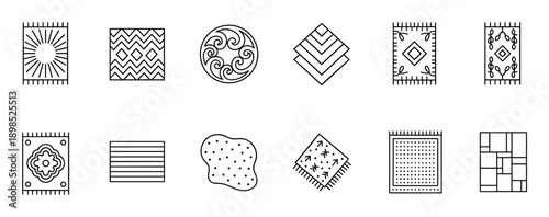 Set of rug and carpet icons featuring various shapes and patterns in a clean, minimalist black and white line art style for home decor and interior design concepts