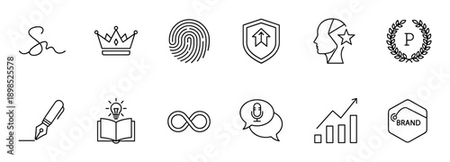 Set of black thin line icons for personal branding, including a signature, crown, fingerprint, shield, and growth chart, representing identity, success, and uniqueness in a minimal style