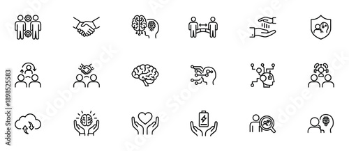 Set of black line art icons for business and technology representing concepts like teamwork, AI, partnership, mental health, and innovation with a clean, minimalist, and modern design
