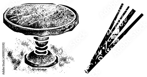 Antique style stone pedestal bowl with textured rim and tiered base, paired with intricately chopsticks, halftone vector art, black and white graphic.