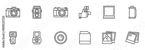 Set of black photography line icons showing various cameras, film, lenses, and flash equipment in a minimalist graphic style for web and mobile user interface design