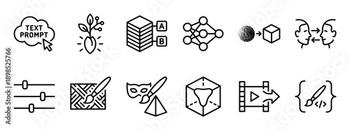 Set of black line icons representing generative artificial intelligence concepts like text prompts, neural networks, machine learning, and digital art creation in a minimalist style