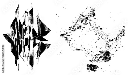 Black and white vector art featuring angular geometric shapes with halftone dot, abstract composition, graphic design element, modern art piece, stylized symmetry.