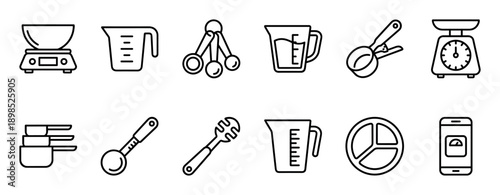 Kitchen measuring tool and utensil icons in a minimalist black line art style, featuring digital and analog scales, cups, spoons, a dough whisk, and a scraper for baking