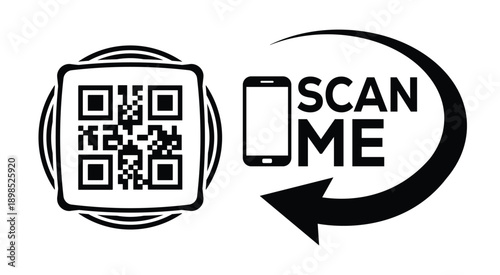 Black and white QR code with bold "SCAN ME" text, smartphone icon, and curved arrow—ideal for mobile interaction, digital marketing, and tech-themed promotional materials.
