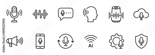Set of voice recognition line icons for audio technology, including a microphone, smart speaker, sound wave, and AI assistant symbols for user interface design and applications