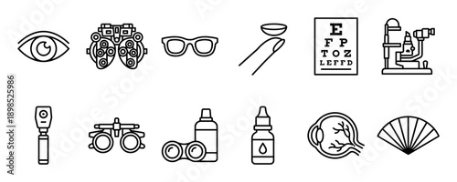 Set of black line icons for optometry and ophthalmology including an eye, phoropter, glasses, contact lens, and eye chart for medical vision care concepts