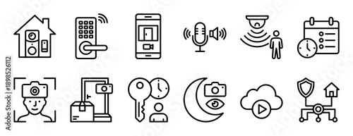 Home security and smart home technology icons in a minimalist black line art style, featuring symbols for surveillance cameras, access control, automation, and facial recognition