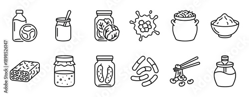 Set of fermented food line icons featuring kefir, kimchi, kombucha, tempeh, natto, and pickles for healthy gut nutrition and probiotic concepts, drawn in a simple minimalist style