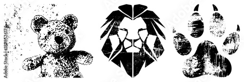 Retro textured teddy bear, geometric lion emblem, distressed paw print vector with gritty halftone effect. Perfect for branding, tattoos, or graphic design.