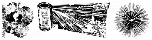 Stylized vector illustrations featuring textured organic shapes, cylindrical forms with, and radial burst, rendered in high contrast.