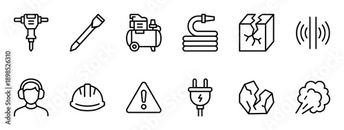 Set of demolition and construction icons featuring a jackhammer, air compressor, hard hat, safety warning sign, and hearing protection in a minimalist line art style