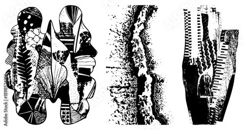 Stylized tribal masks with bold shapes, halftone textures, and intricate, vector art, graphic design, cultural motifs, isolated foreground.