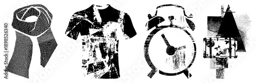 Retro halftone printed, distressed t shirt, classic alarm clock, wooden birdhouse, vector, graphic design elements, isolated objects.