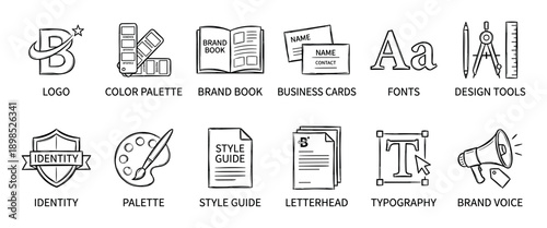 Set of hand drawn branding icons representing corporate identity elements like logo, color palette, style guide, typography, and brand voice in a simple doodle sketch style