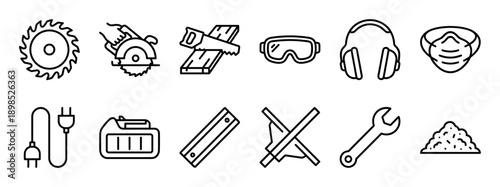 Set of construction and carpentry icons showing various tools and safety equipment in a simple black and white line art style for building and repair concepts