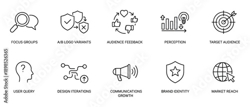 Collection of ten minimalist line icons for business and marketing concepts including brand identity, target audience, user query, feedback, and communication growth