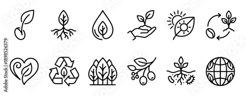 Set of ecology and environment icons in a minimalist thin line style, featuring symbols for sustainability, nature, recycling, organic products, and environmental protection