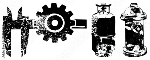 Caliper, gear, propane tank, fire hydrant mechanical symbols with gritty texture, engineering tools, industrial design, technical illustration.