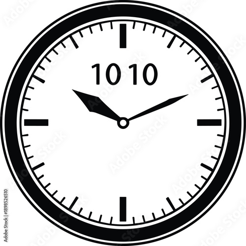 Analog clock face, 10:10 time display, black hands, minimal design, wall clock, vector illustration, symmetry, advertising, modern, timeless