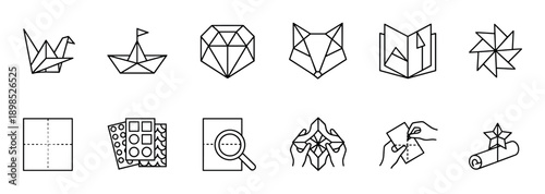 Origami and paper folding line icon set featuring various figures like a crane, boat, and fox, along with symbols for crafting, instructions, and creative handmade hobbies