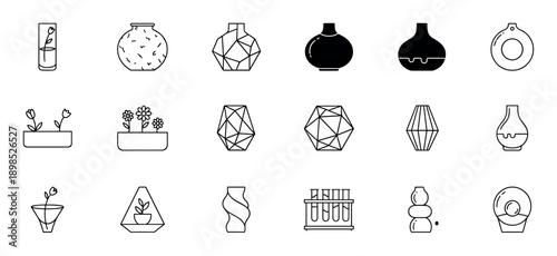 Large collection of modern vase icons in a minimalist line art and glyph style, showcasing diverse geometric and organic shapes for floral and plant decoration