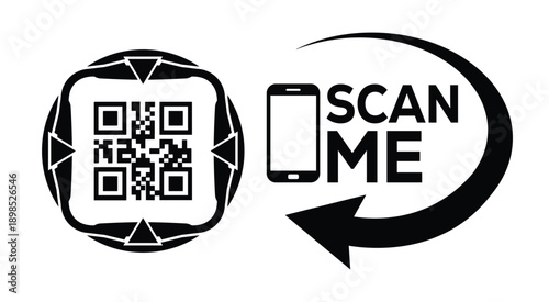 Black and white QR code with bold "SCAN ME" text, smartphone icon, and curved arrow—ideal for mobile interaction, digital marketing, and tech-themed promotional materials.
