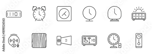 Set of twelve thin line icons representing various clocks, alarms, and smart home devices in a minimalist black and white style for user interface design
