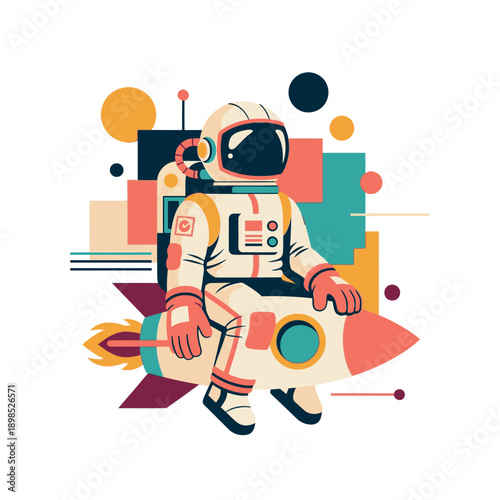 Astronaut in white spacesuit with rocket pack flying through space.