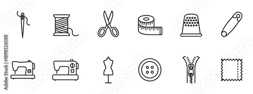 Sewing and tailoring line art icon set featuring essential tools like a sewing machine, needle, thread, scissors, button, thimble, and mannequin for dressmaking and crafting
