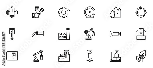 Set of industrial line icons representing manufacturing, engineering, and automation concepts like a factory, robotic arm, piston, gauge, and logistics symbols in a minimal style