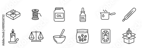 Set of black line icons for candle making and aromatherapy, including wax, wick, essential oil, thermometer, and scales for a creative DIY hobby or small business craft
