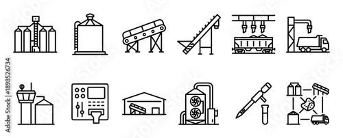Set of grain industry line icons showing silo, elevator, conveyor, truck, train, and factory equipment for agricultural processing, logistics, and quality control in a minimal outline style