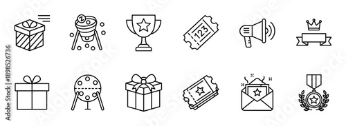Set of black line icons for lottery and giveaway contests, featuring a gift box, trophy, raffle ticket, medal, and lottery drum in a clean minimalist vector illustration style