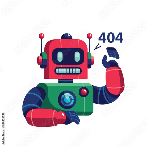 A cartoon robot character displaying a 404 error message.