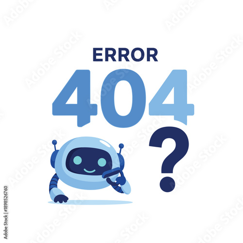 Blue Robot Character with Error 404 Message and Question Mark.