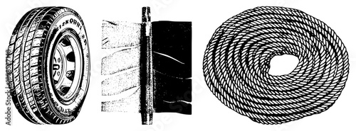 Tire with tread and rim, flagpole with waving flag, coiled rope with spiral design, all in halftone style, isolated vector graphics.