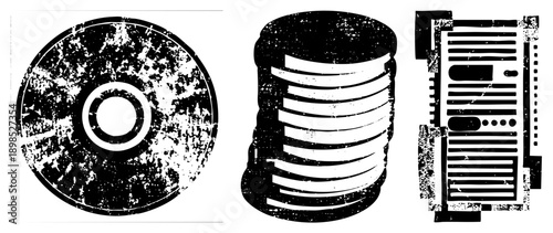 Distressed vector of old and storage scratched CD, striped hard drive, server rack, digital nostalgia, tech relics, retro computing.