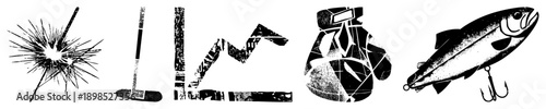 Graphic set of stylized sports and fishing symbols rendered in halftone, including spark, hockey stick, mountain, boxing glove, and fish lure, ideal for athletic or outdoor branding.