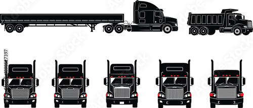 Black semi truck illustration set, freight transport vehicles, front and side views, logistics transportation icons, isolated on white background, vector