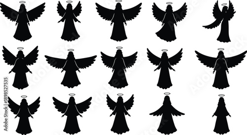 Angel Silhouette Collection, Halo and Wings Icons, Spiritual Figures, Black Vector Set, Religious Symbolism, Heavenly Design Elements
