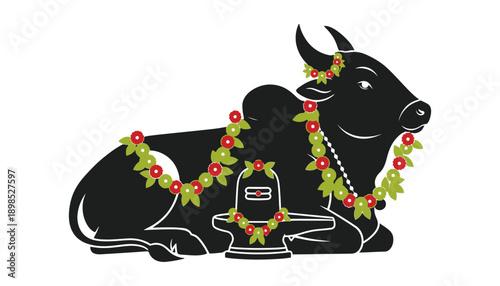 A black cow with a shivling and colorful flowers in a peaceful setting