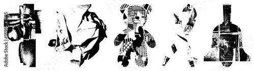 Stylized broken shapes reconstructing forms, halftone texture, vector art, isolated elements, graphic design, modern minimalism.