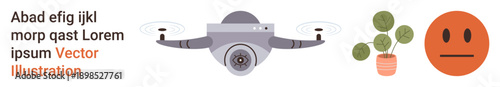 Technology, surveillance, nature, emotions, design balance, creative concepts. Front-facing quadcopter with camera, potted green plant and simple emotion face. Technology and surveillance